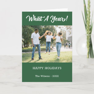 What A Year Modern 2 Photo Green Holiday Card