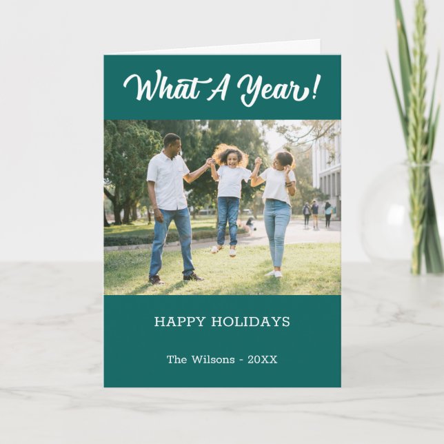 What A Year Modern 2 Photo Teal Holiday Card (Front)