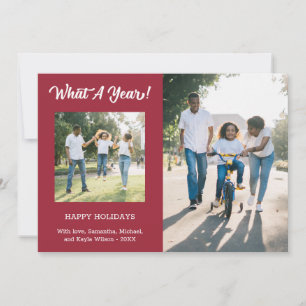 What A Year Modern 3 Photo Burgundy Holiday Card