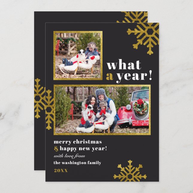 What A Year! | Modern Black & Gold Christmas Photo Invitation (Front/Back)