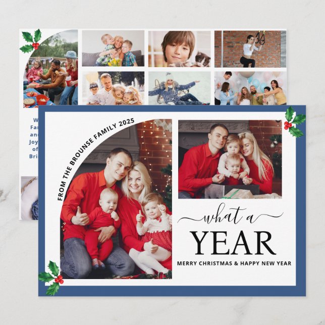 What a Year Multi Photo Collage Christmas Holly  Card (Front/Back)