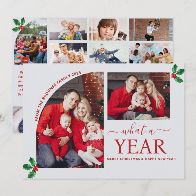 What a Year Multi Photo Collage Christmas Holly Card (Front/Back)