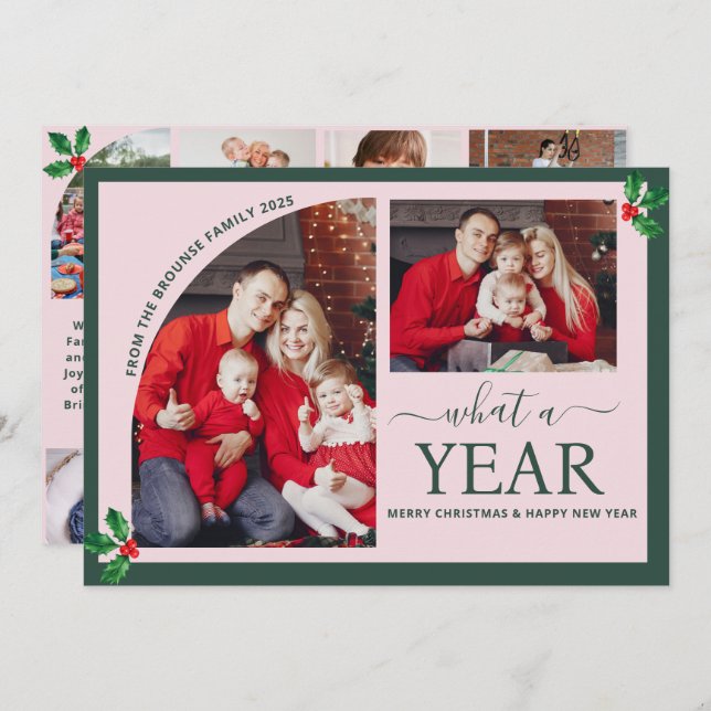 What a Year Multi Photo Collage Christmas Pink  Card (Front/Back)