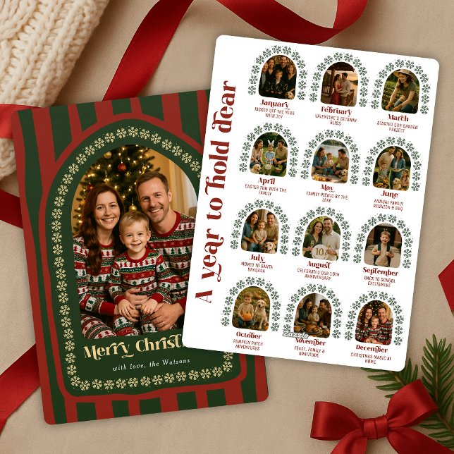 What A Year Review Monthly Photo Collage Christmas Holiday Card (A Year in Review photo collage holiday card with retro fonts and a festive red + green stripe design)