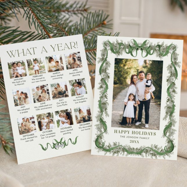 What a Year Sage Green Pine Bow Christmas 13 Photo Holiday Card (Creator Uploaded)