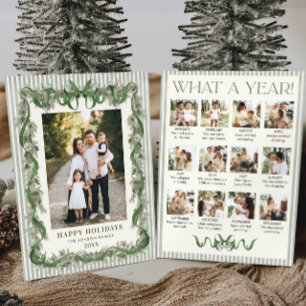 What a Year Sage Green Pine Bow Christmas 13 Photo Holiday Card