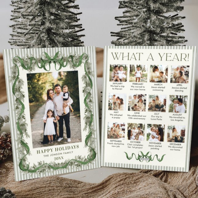 What a Year Sage Green Pine Bow Christmas 13 Photo Holiday Card (Creator Uploaded)