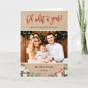 What A Year Script Rustic Floral Kraft Photo Holiday Card