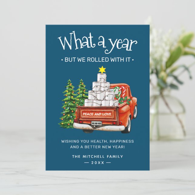 What A Year Toilet Paper Red Christmas Truck Holiday Card (Standing Front)