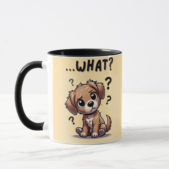 “…what?” Adorable Confused Cartoon Puppy Mug (Left)