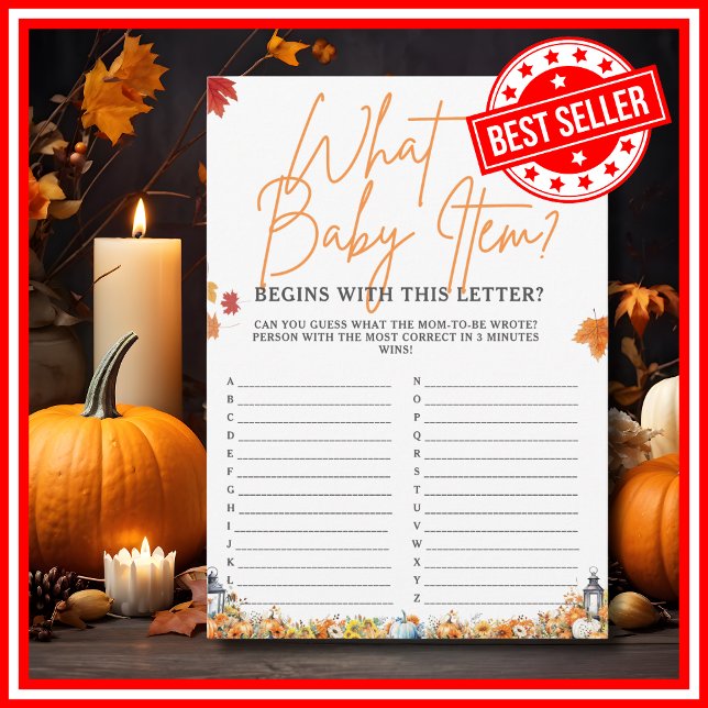 WHAT BABY ITEM ALPHABET Baby Shower Game Pumpkin Invitation (WHAT BABY ITEM ALPHABET Easy Baby Shower Game A Little Pumpkin is on the Way Theme )