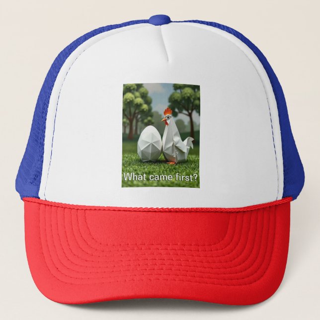 What came first the chicken or the egg? trucker hat (Front)