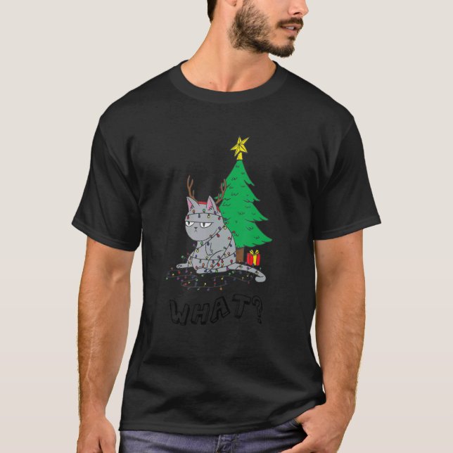 What Cat Funny Cat Leaning Back Christmas Tree T-Shirt (Front)