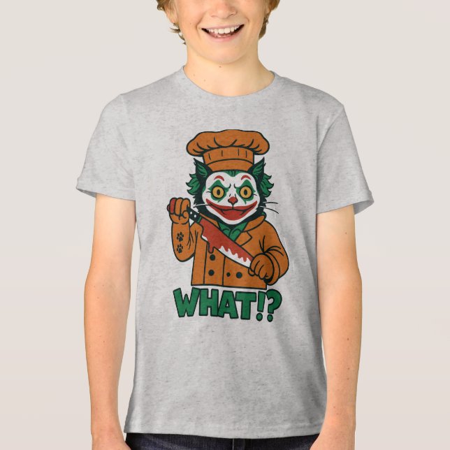 What!?" Clown Cat Joker-Inspired Kids' T-Shirt Tri-Blend Shirt (Front)