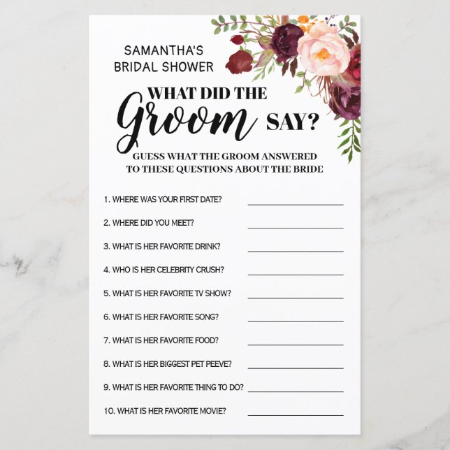 What did Groom say bridal shower game bilingual (Front)