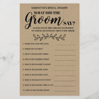 What did Groom Say Rustic Bridal Shower Game Card