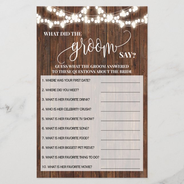 What did Groom Say Western Bridal Shower Game Card (Front)