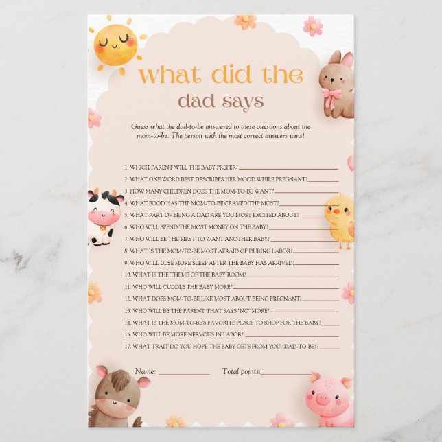 What Did the Dad Say Farm Animals Baby Shower Game (Front)
