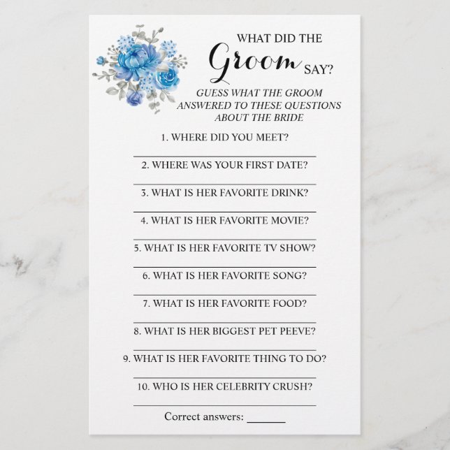 What did the Groom Say Bridal Shower Game Card (Front)