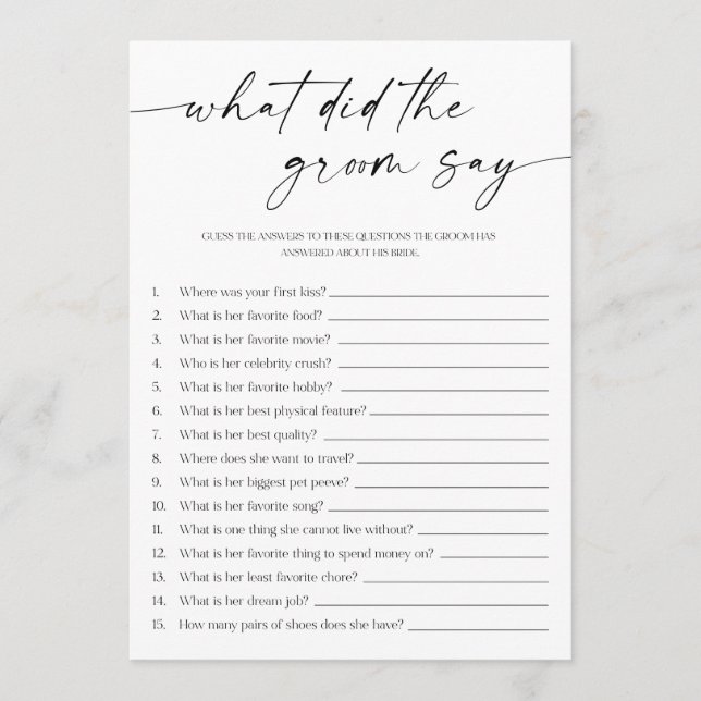 What Did The Groom Say Bridal Shower Game Programme (Front)