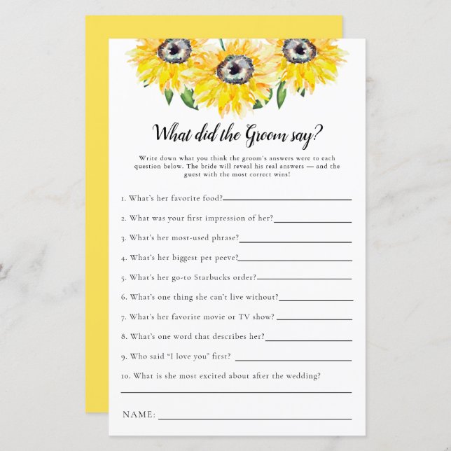 What did the Groom Say Bridal Shower Sunflower (Front/Back)