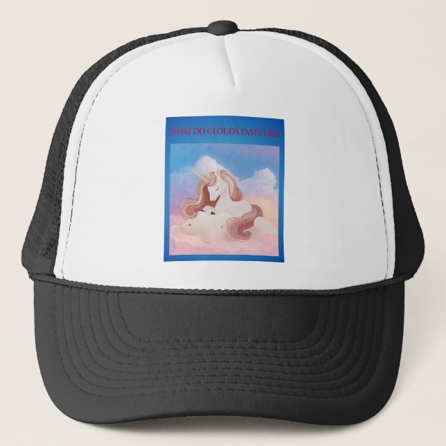 “What Do Clouds Taste Like?” Dreamy Unicorn  Trucker Hat (Front)