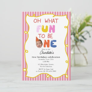What Fun to Be One 1st Birthday Party Photo Girl Invitation