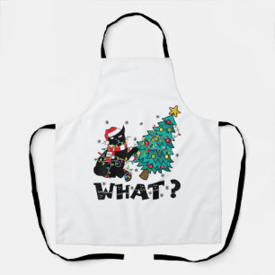 WHAT Funny Black Cat Santa Pushing Christmas Tree  Apron