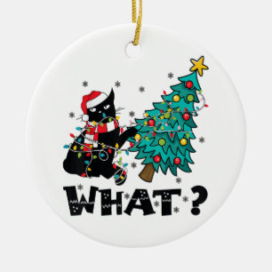 WHAT Funny Black Cat Santa Pushing Christmas Tree  Ceramic Tree Decoration