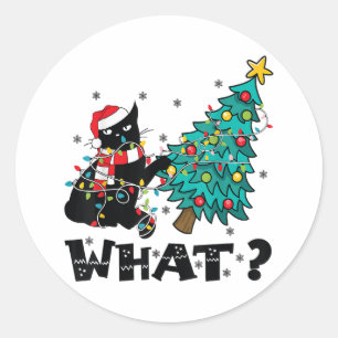 WHAT Funny Black Cat Santa Pushing Christmas Tree Classic Round Sticker