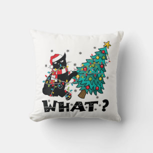 WHAT Funny Black Cat Santa Pushing Christmas Tree  Cushion