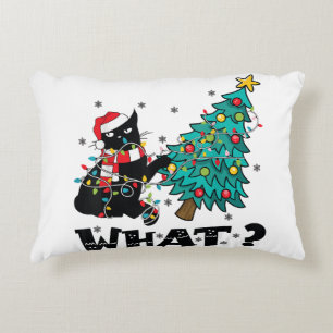 WHAT Funny Black Cat Santa Pushing Christmas Tree  Decorative Cushion