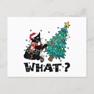 WHAT Funny Black Cat Santa Pushing Christmas Tree Holiday Postcard