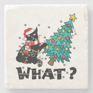 WHAT Funny Black Cat Santa Pushing Christmas Tree  Stone Coaster