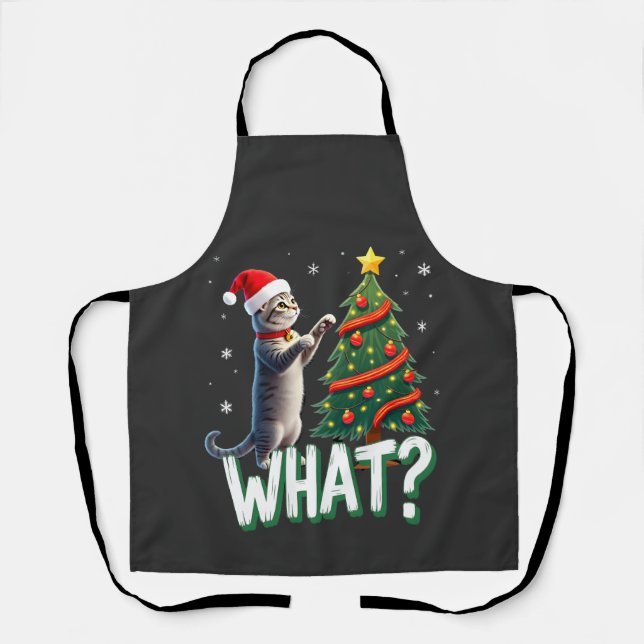 What Funny Cat Pushing Christmas Tree Over Cat Xma Apron (Front)