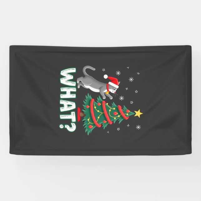 What Funny Cat Pushing Christmas Tree Over Cat Xma Banner (Horizontal)
