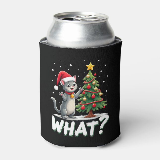 What Funny Cat Pushing Christmas Tree Over Cat Xma Can Cooler (Can Front)