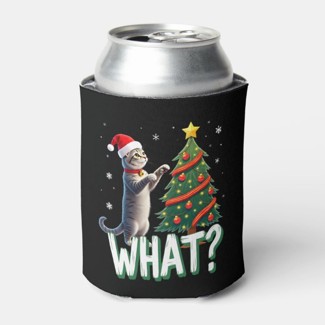 What Funny Cat Pushing Christmas Tree Over Cat Xma Can Cooler (Can Front)