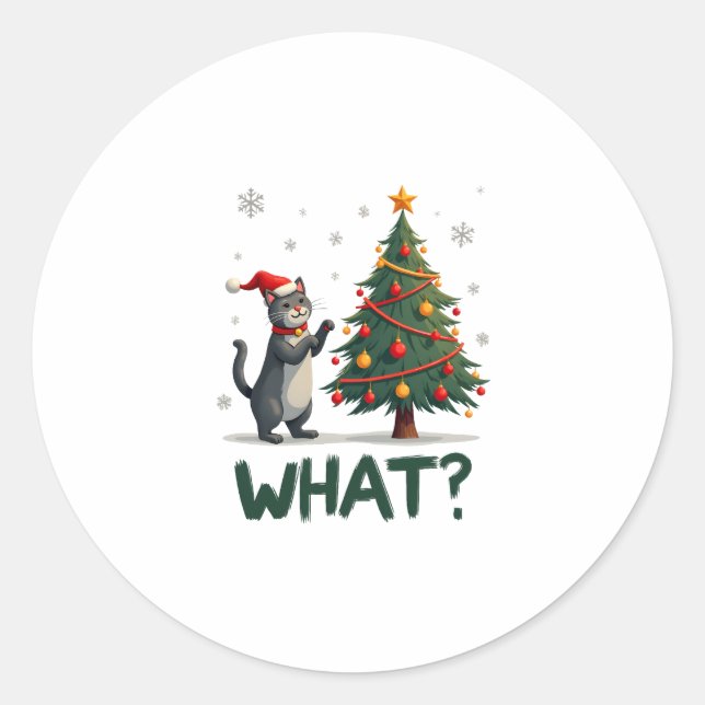 What Funny Cat Pushing Christmas Tree Over Cat Xma Classic Round Sticker (Front)
