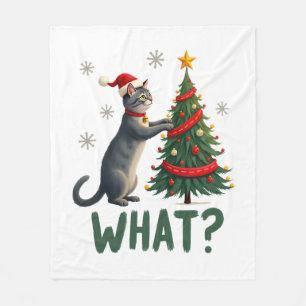 What Funny Cat Pushing Christmas Tree Over Cat Xma Fleece Blanket