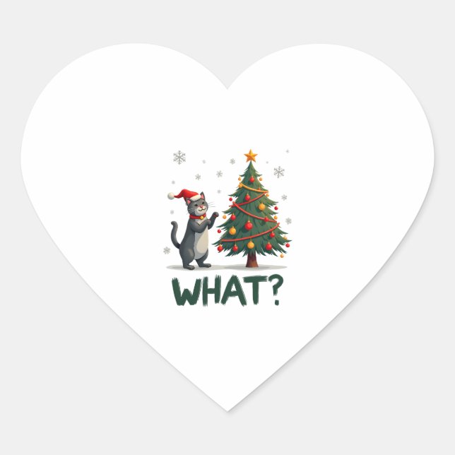 What Funny Cat Pushing Christmas Tree Over Cat Xma Heart Sticker (Front)
