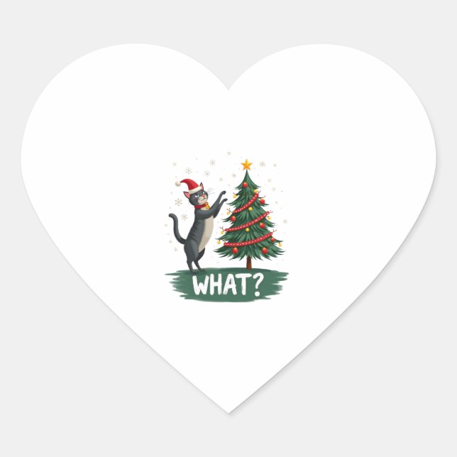 What Funny Cat Pushing Christmas Tree Over Cat Xma Heart Sticker (Front)