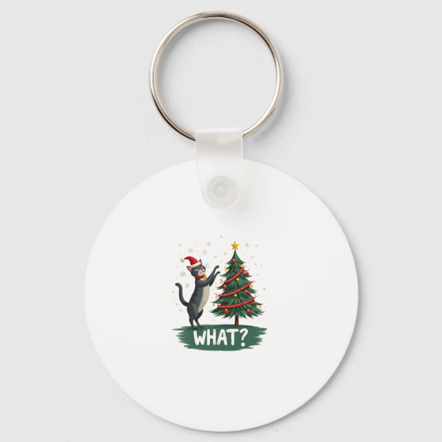 What Funny Cat Pushing Christmas Tree Over Cat Xma Key Ring (Front)