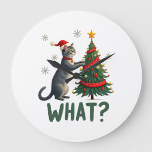 What Funny Cat Pushing Christmas Tree Over Cat Xma Large Clock