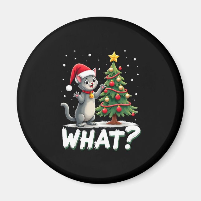 What Funny Cat Pushing Christmas Tree Over Cat Xma Magnet (Front)