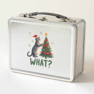 What Funny Cat Pushing Christmas Tree Over Cat Xma Metal Lunch Box