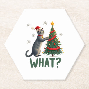 What Funny Cat Pushing Christmas Tree Over Cat Xma Paper Coaster