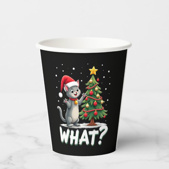 What Funny Cat Pushing Christmas Tree Over Cat Xma Paper Cups (Front)