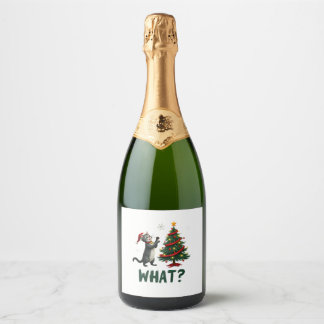 What Funny Cat Pushing Christmas Tree Over Cat Xma Sparkling Wine Label
