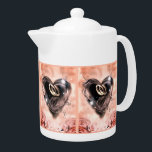 What God Has Put Together (Pink Rose and White)<br><div class="desc">Beautiful designed teapot that has a great designed for a bridal shower gift. This teapot has a printed image of an acrylic painting of two wedding rings inside a crystal shaped heart. There are images of beautiful pink roses on the teapot.</div>